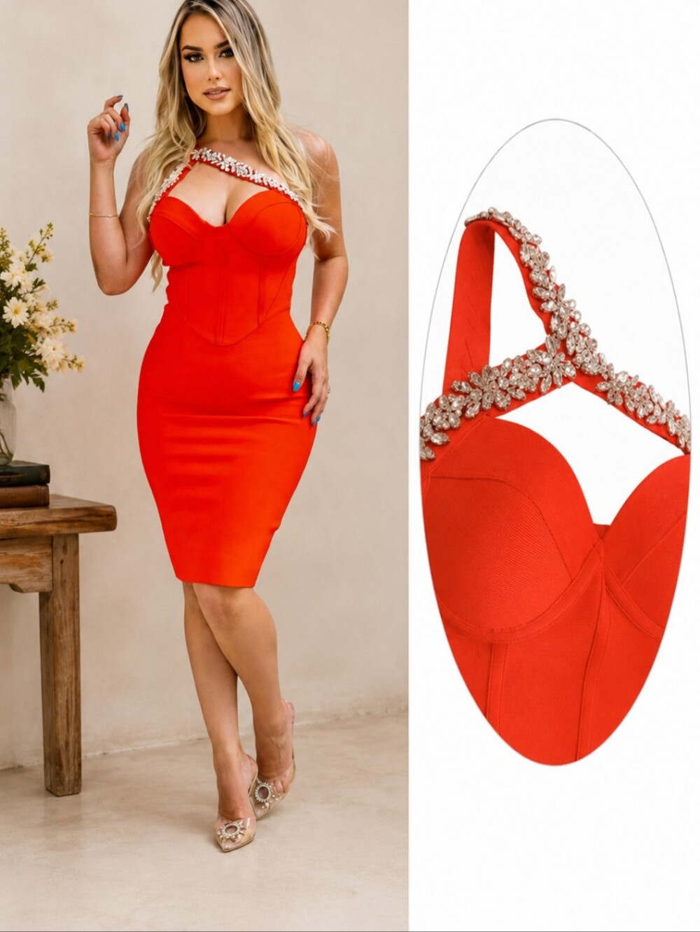 Red One-Shoulder Rhinestone-Trim Bustier Bandage Sexy Party Gossip Girls Dress